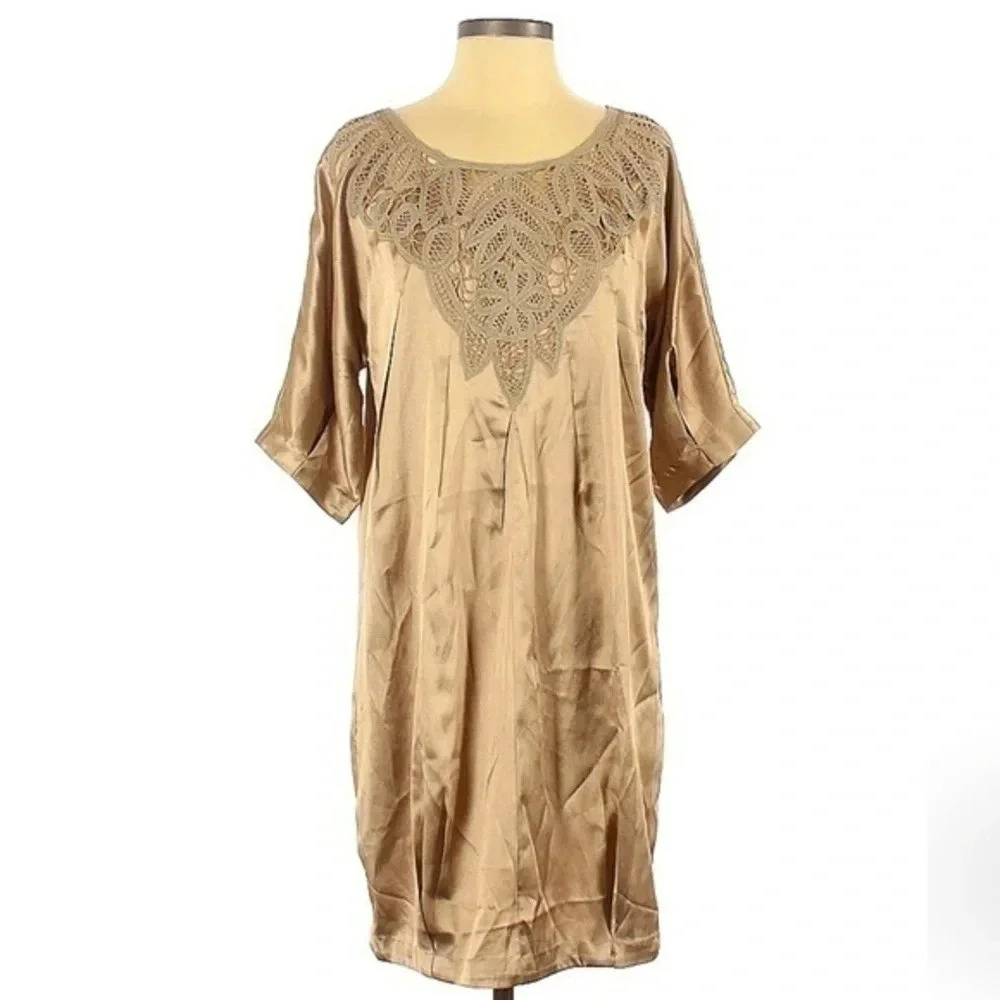 Vintage Newport News Y2K Golden Tan Bohemian 3/4 Sleeves Midi Dress Size 2 XS
